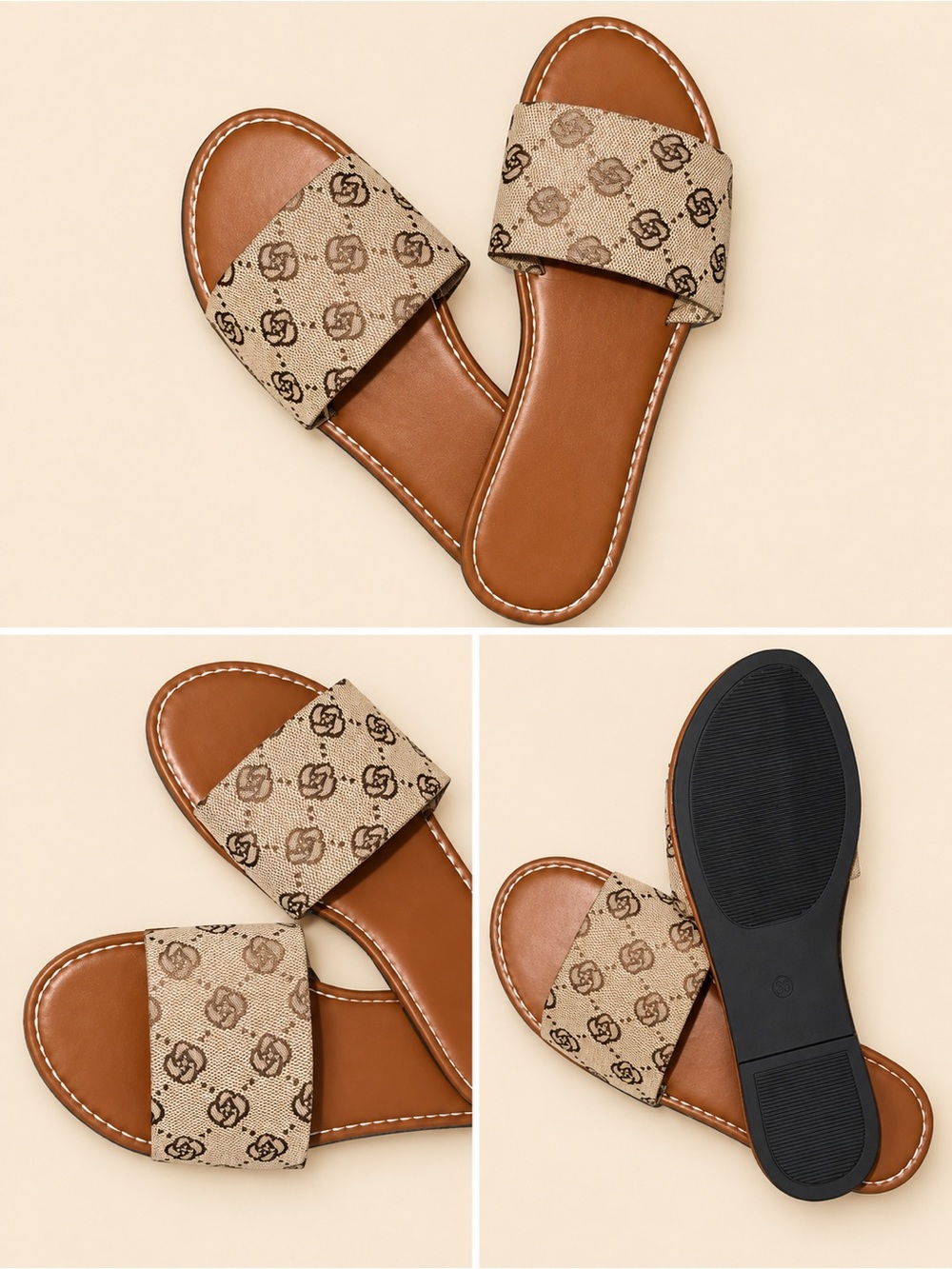 Fashion Inspired Slide Sandals with Beige Monogram Band